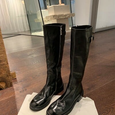 Genuine leather wrinkled vintage high-top knight boots with side zipper 2 colors