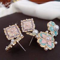 Baroque Pastel Enamel Floral Studs Earrings Square Tiny Dangle Drop Earring - Thumbnail 1