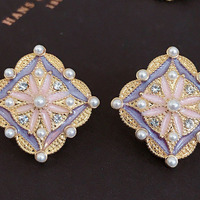 Baroque Pastel Enamel Floral Studs Earrings Square Tiny Dangle Drop Earring - Thumbnail 4