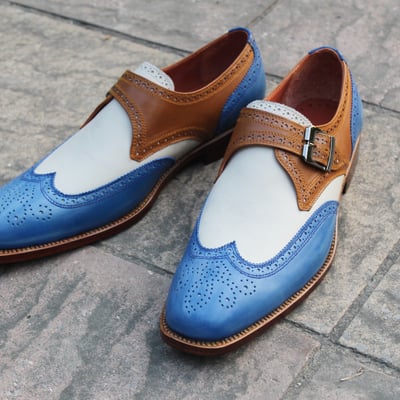 Crafted leather handmade men classic tri tone leather monk strap wingtip dress shoes