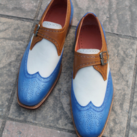 Crafted Leather Handmade Men Classic Tri Tone Leather Monk Strap Wingtip Dress Shoes - Thumbnail 3