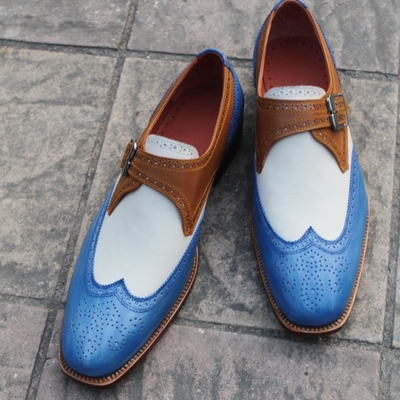 Crafted leather handmade men classic tri tone leather monk strap wingtip dress shoes