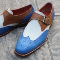 Crafted Leather Handmade Men Classic Tri Tone Leather Monk Strap Wingtip Dress Shoes - Thumbnail 8