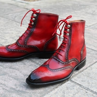 Crafted leather classic handmade red black patina ankle high lace up wingtip dress boots 