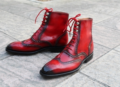 Crafted Leather Classic Handmade Red Black Patina Ankle High Lace up Wingtip Dress Boots 