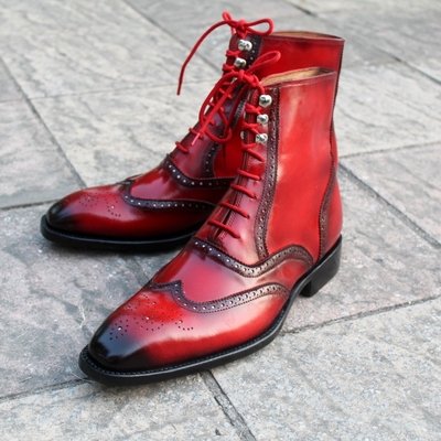 Crafted leather classic handmade red black patina ankle high lace up wingtip dress boots 