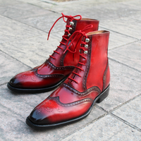 Crafted Leather Classic Handmade Red Black Patina Ankle High Lace up Wingtip Dress Boots  - Thumbnail 3