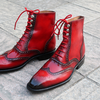 Crafted Leather Classic Handmade Red Black Patina Ankle High Lace up Wingtip Dress Boots  - Thumbnail 2