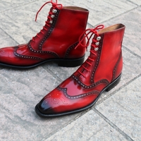 Crafted Leather Classic Handmade Red Black Patina Ankle High Lace up Wingtip Dress Boots  - Thumbnail 4