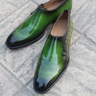 Crafted leather classic handmade green patina/crocodile leather side laces dress oxford men's shoes