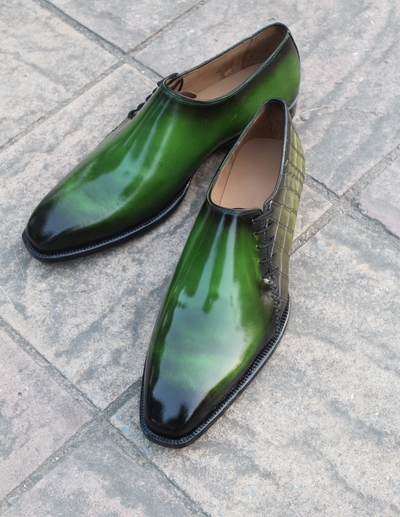 Crafted Leather Classic Handmade Green Patina/Crocodile Leather Side Laces Dress Oxford Men's Shoes