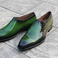 Crafted Leather Classic Handmade Green Patina/Crocodile Leather Side Laces Dress Oxford Men's Shoes - Thumbnail 2