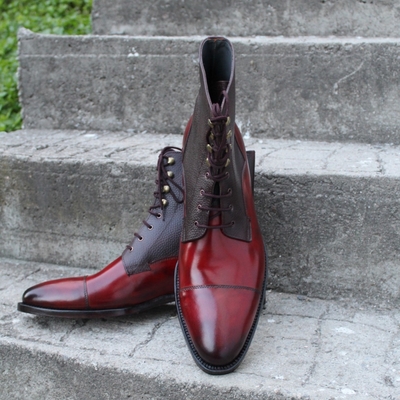 Crafted leather men's red patina brown grain leather high ankle lace up boots