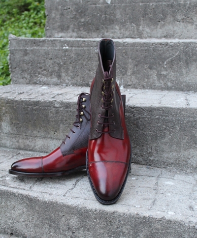 Crafted Leather Men's Red Patina Brown Grain Leather High Ankle Lace up Boots