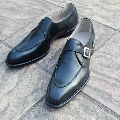 Crafted leather classic new handmade mens black calf leather single buckle monk strap formal dress shoes - Thumbnail 5