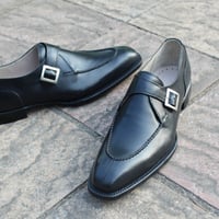 Crafted Leather Classic New Handmade Mens Black Calf Leather Single Buckle Monk Strap Formal Dress Shoes - Thumbnail 1