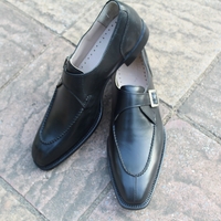 Crafted Leather Classic New Handmade Mens Black Calf Leather Single Buckle Monk Strap Formal Dress Shoes - Thumbnail 2