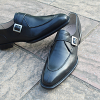 Crafted Leather Classic New Handmade Mens Black Calf Leather Single Buckle Monk Strap Formal Dress Shoes - Thumbnail 5