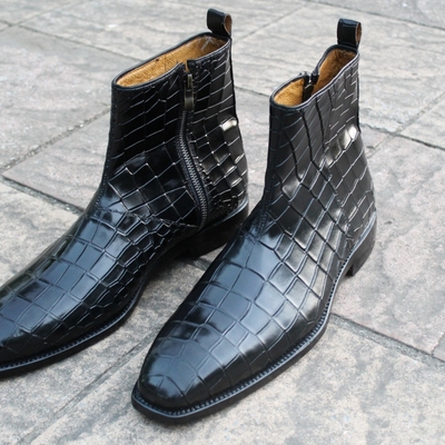 Crafted leather classic black crocodile/alligator leather side zipper ankle jodhpur boot - Thumbnail 4