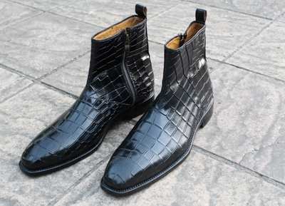 Crafted Leather Classic Black Crocodile/Alligator Leather Side Zipper Ankle Jodhpur Boot