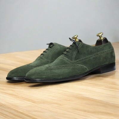 Handmade Men's Wing Tip Green Leather Shoes – Elegant Formal Brogues