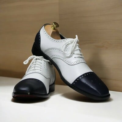 Handmade cap toe brogue black & white goodyear welted lace up shoes for men's