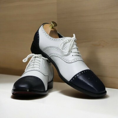 Handmade Cap Toe Brogue Black & White Goodyear Welted Lace Up Shoes For Men's