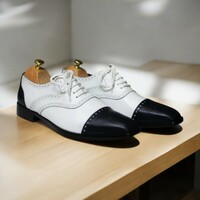 Handmade Cap Toe Brogue Black & White Goodyear Welted Lace Up Shoes For Men's - Thumbnail 1