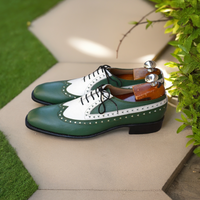 Stylish Oxford White and Green Leather Wingtips Spectator Shoes for Men's Dress Shoes, Brogue Shoes - Thumbnail 1