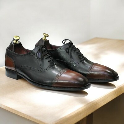 Handmade Bespoke Men's Black & Brown Genuine Leather Oxford Shoes