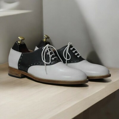 Handmade Bespoke Men's Black & White Genuine Leather Shoes, Oxford Shoes
