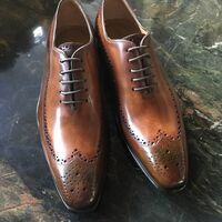 Handmade Men's Twotone Leather Polishing Dress Wingtip Lace Up Shoes - Thumbnail 1