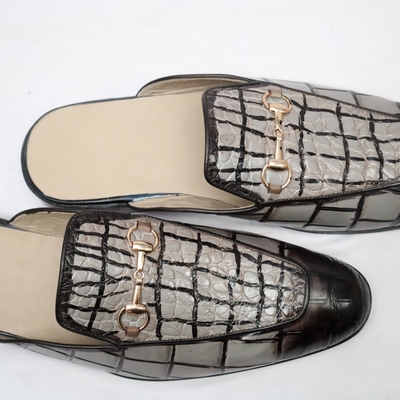 Crafted leather handmade classic gray alligator textured leather mules, men leather dress slippers shoes