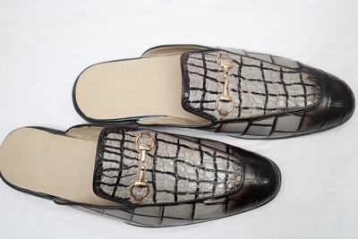 Crafted Leather Handmade Classic Gray Alligator Textured Leather Mules, Men Leather Dress Slippers Shoes
