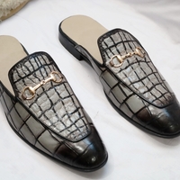Crafted Leather Handmade Classic Gray Alligator Textured Leather Mules, Men Leather Dress Slippers Shoes - Thumbnail 2