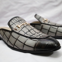Crafted Leather Handmade Classic Gray Alligator Textured Leather Mules, Men Leather Dress Slippers Shoes - Thumbnail 3