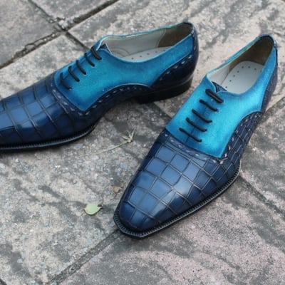 Crafted leather classic and elegant men blue crocodile and suede leather contrast dress lace up shoes 