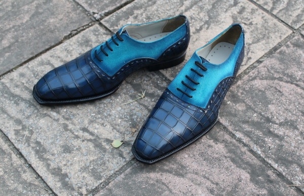 Crafted Leather Classic and Elegant Men Blue Crocodile and Suede Leather Contrast Dress Lace up Shoes 