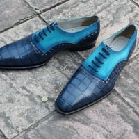 Crafted Leather Classic and Elegant Men Blue Crocodile and Suede Leather Contrast Dress Lace up Shoes  - Thumbnail 1