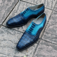 Crafted Leather Classic and Elegant Men Blue Crocodile and Suede Leather Contrast Dress Lace up Shoes  - Thumbnail 3