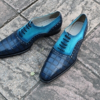 Crafted Leather Classic and Elegant Men Blue Crocodile and Suede Leather Contrast Dress Lace up Shoes  - Thumbnail 5