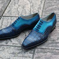 Crafted Leather Classic and Elegant Men Blue Crocodile and Suede Leather Contrast Dress Lace up Shoes  - Thumbnail 7