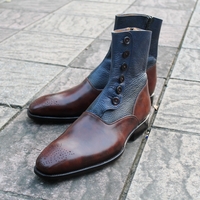 Crafted Leather Classic Dark Brown Blue Leather Side Zipper High Ankle Handmade Men Button Dress Boot - Thumbnail 3