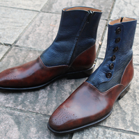 Crafted Leather Classic Dark Brown Blue Leather Side Zipper High Ankle Handmade Men Button Dress Boot - Thumbnail 6