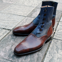 Crafted Leather Classic Dark Brown Blue Leather Side Zipper High Ankle Handmade Men Button Dress Boot - Thumbnail 4
