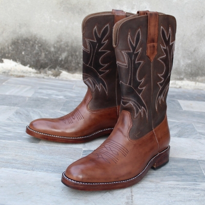 Crafted leather brown calf ankle high long men cowboy boot 