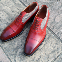 Crafted Leather Classic Men Red Tweed Leather Contrast Oxford Dress Lace up Shoes Handmade  - Thumbnail 2
