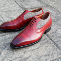 Crafted Leather Classic Men Red Tweed Leather Contrast Oxford Dress Lace up Shoes Handmade  - Thumbnail 1