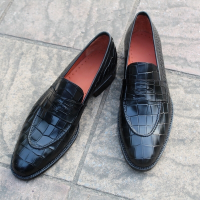 Crafted leather classic black crocodile texture leather loafers dress shoes