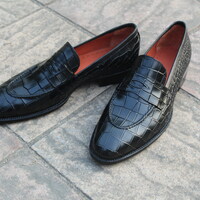 Crafted Leather Classic Black Crocodile Texture Leather Loafers Dress Shoes - Thumbnail 1